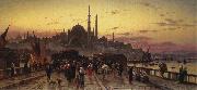 Hermann David Solomon Corrodi Dusk on the Galata Bridge and the Yeni Valide Djami, Constantinople France oil painting artist